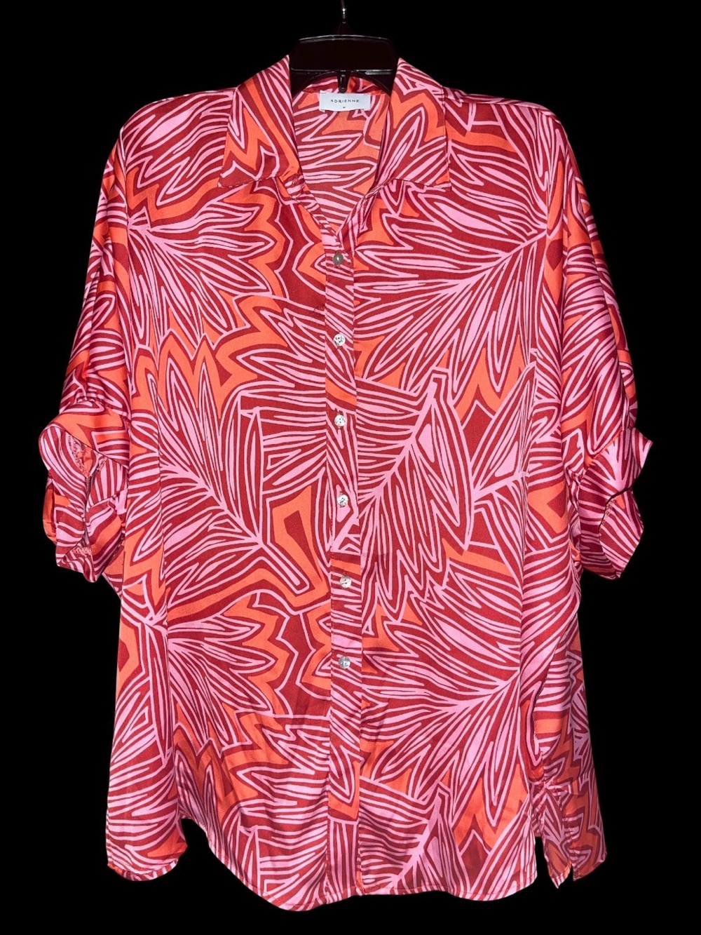 Adrienne Vittadini Pink and Orange Abstract Leaf Button-Down Shirt